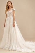Rutipo Ivory Dreamy Illusion Neck A-Line Sweep Train Lace/Tulle Wedding Dresses
