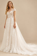 Rutipo Ivory Dreamy Illusion Neck A-Line Sweep Train Lace/Tulle Wedding Dresses
