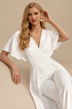 Rutipo Ivory Elegant V-Neck Short Sleeves Sweep Train Chiffon Wedding Dresses