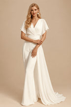 Rutipo Ivory Elegant V-Neck Short Sleeves Sweep Train Chiffon Wedding Dresses