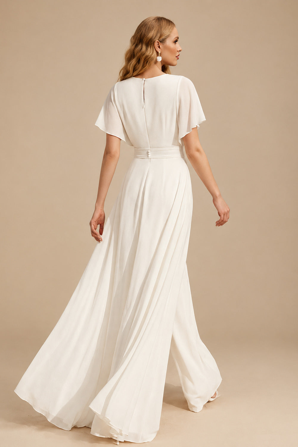 Rutipo Ivory Elegant V-Neck Short Sleeves Sweep Train Chiffon Wedding Dresses