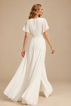 Rutipo Ivory Elegant V-Neck Short Sleeves Sweep Train Chiffon Wedding Dresses