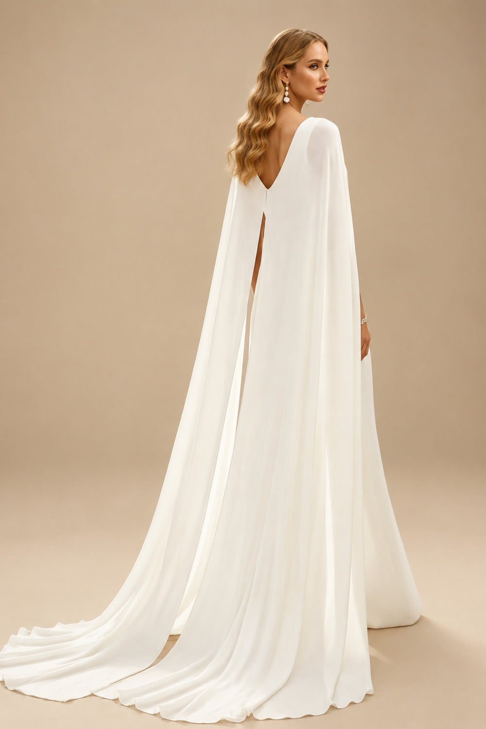 Rutipo Ivory Elegant V-Neck Cape Sleeves Sweep Train Chiffon Wedding Dresses