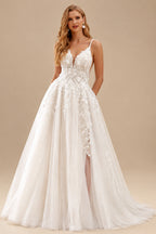 Rutipo Ivory Free-Spirited A-Line V-Neck Floral Lace Tulle Wedding Dresses With High Split
