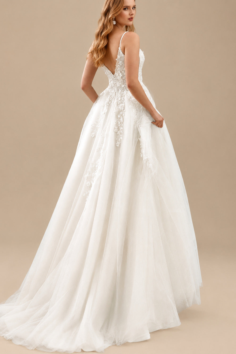 Rutipo Ivory Free-Spirited A-Line V-Neck Floral Lace Tulle Wedding Dresses With High Split