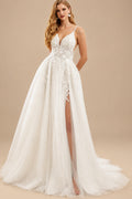 Rutipo Ivory Free-Spirited A-Line V-Neck Floral Lace Tulle Wedding Dresses With High Split