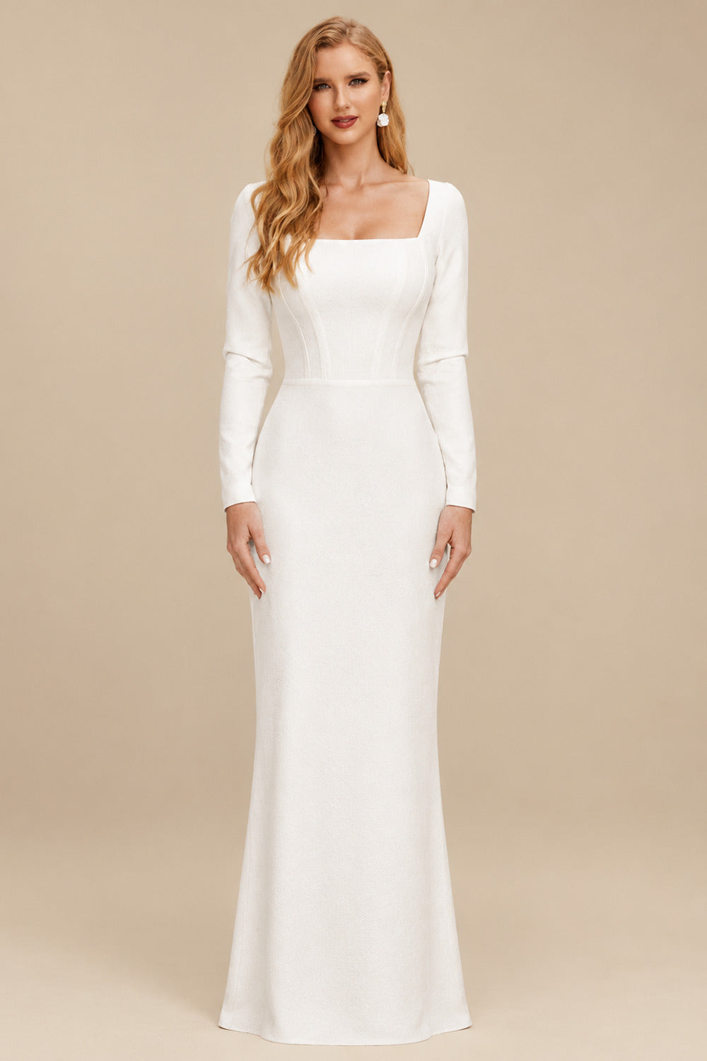 Rutipo Ivory Flattering Square Neckline Long Sleeves Mermaid Elastic Satin Wedding Dresses