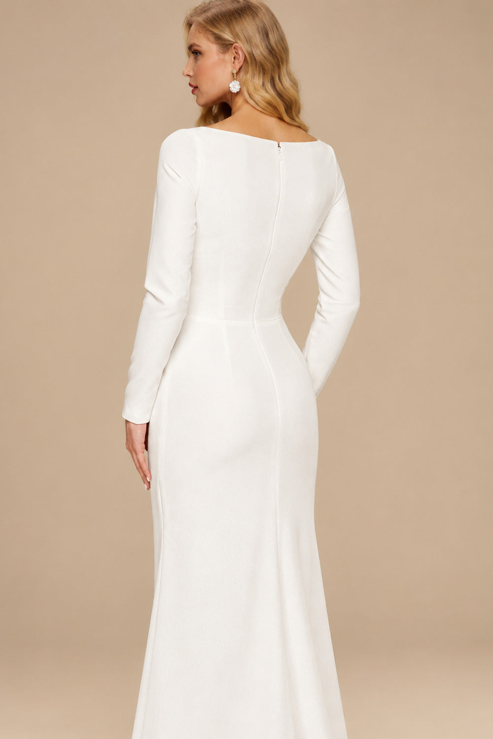 Rutipo Ivory Flattering Square Neckline Long Sleeves Mermaid Elastic Satin Wedding Dresses