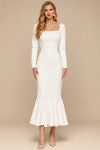 Rutipo Ivory Flattering Square Neckline Long Sleeves Mermaid Elastic Satin Wedding Dresses