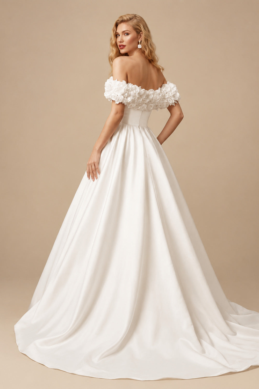 Rutipo Ivory Elegant Flower(s) Off-The-Shoulder Ball-Gown Sweep Train Satin Wedding Dresses