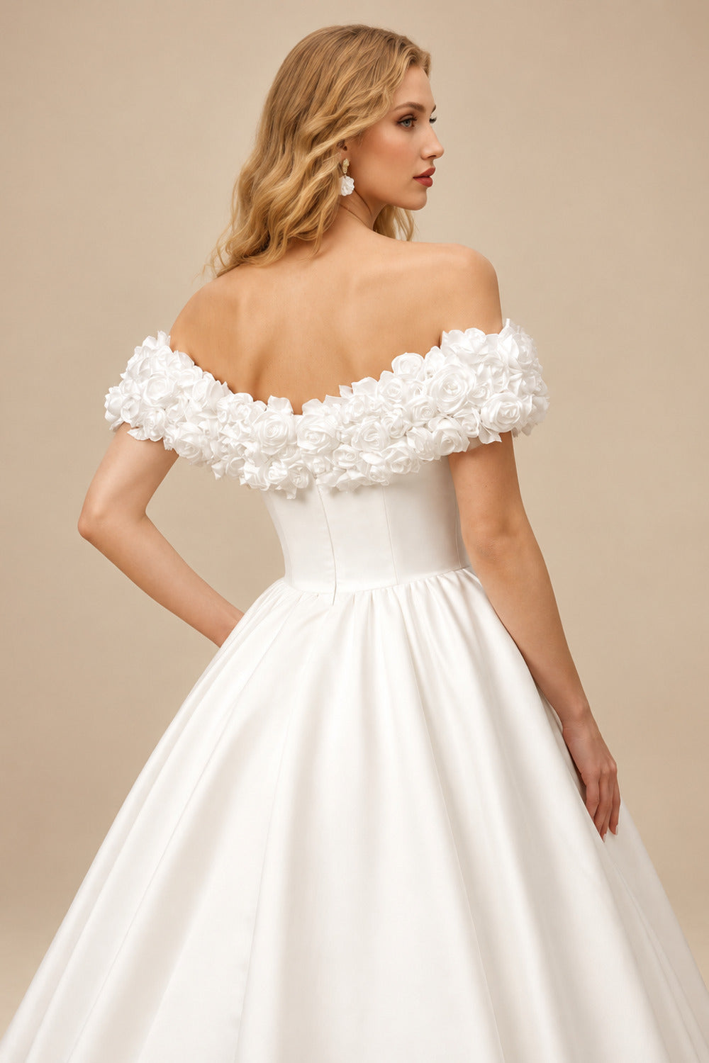 Rutipo Ivory Elegant Flower(s) Off-The-Shoulder Ball-Gown Sweep Train Satin Wedding Dresses