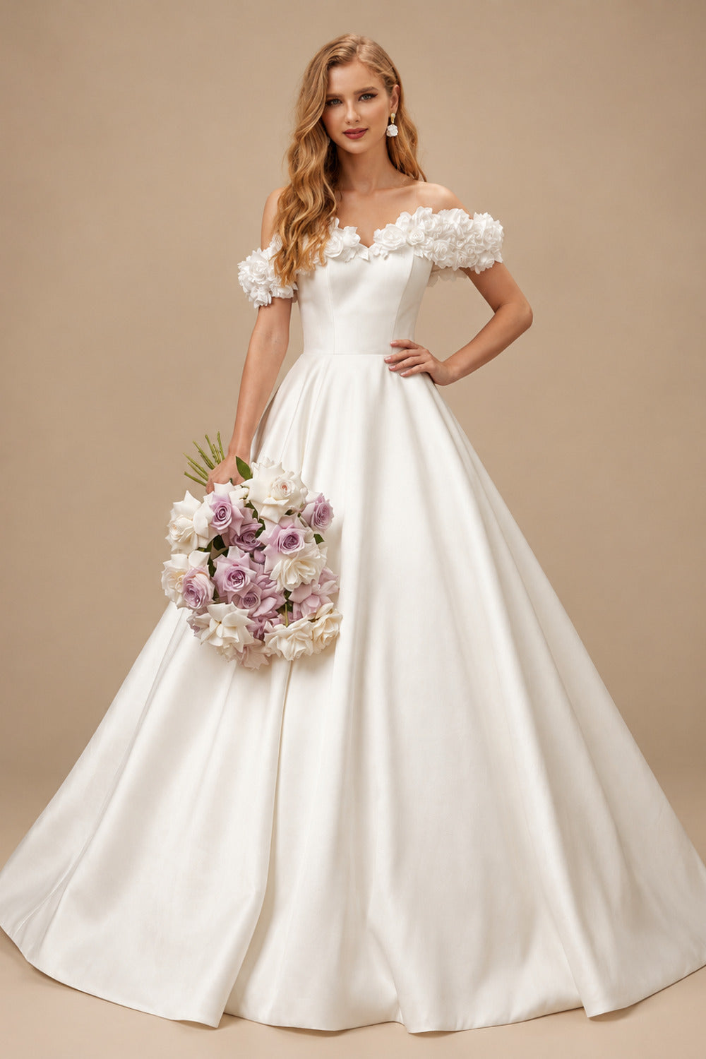 Rutipo Ivory Elegant Flower(s) Off-The-Shoulder Ball-Gown Sweep Train Satin Wedding Dresses
