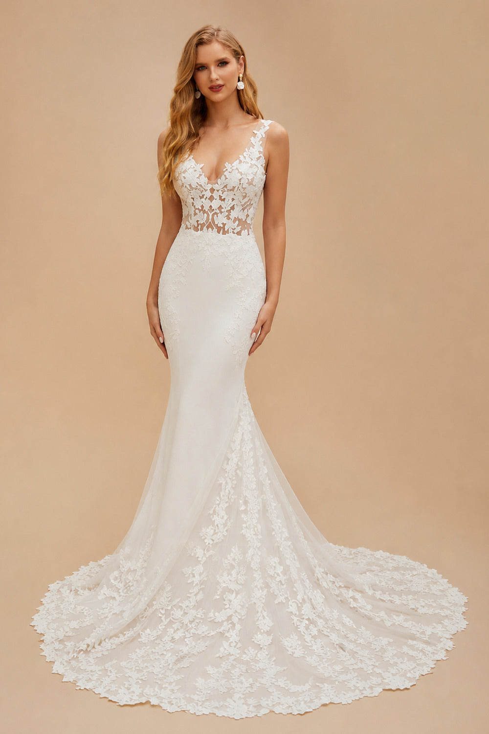 Rutipo Ivory Free-Spirited Trumpet/Mermaid V-Neck Lace Wedding Dresses With Appliques Lace