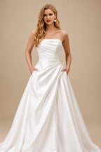 Rutipo White Elegant Ball-Gown Sleeveless Chapel Train Liquid Satin Wedding Dresses With High Split