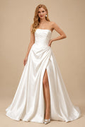 Rutipo White Elegant Ball-Gown Sleeveless Chapel Train Liquid Satin Wedding Dresses With High Split