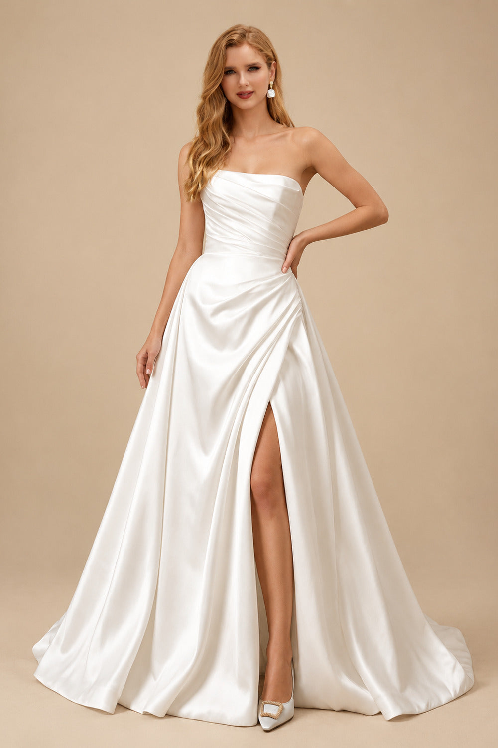Rutipo White Elegant Ball-Gown Sleeveless Chapel Train Liquid Satin Wedding Dresses With High Split