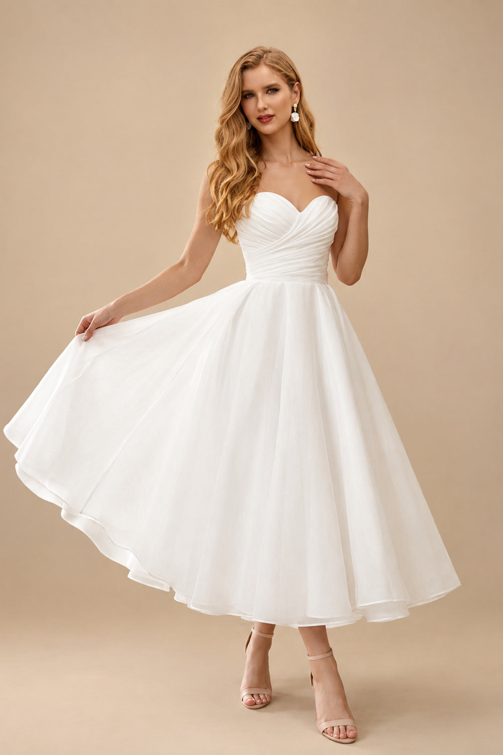Rutipo Ivory Elegant Pleated Sweetheart Ball-Gown Ankle-Length Satin/Tulle Wedding Dresses