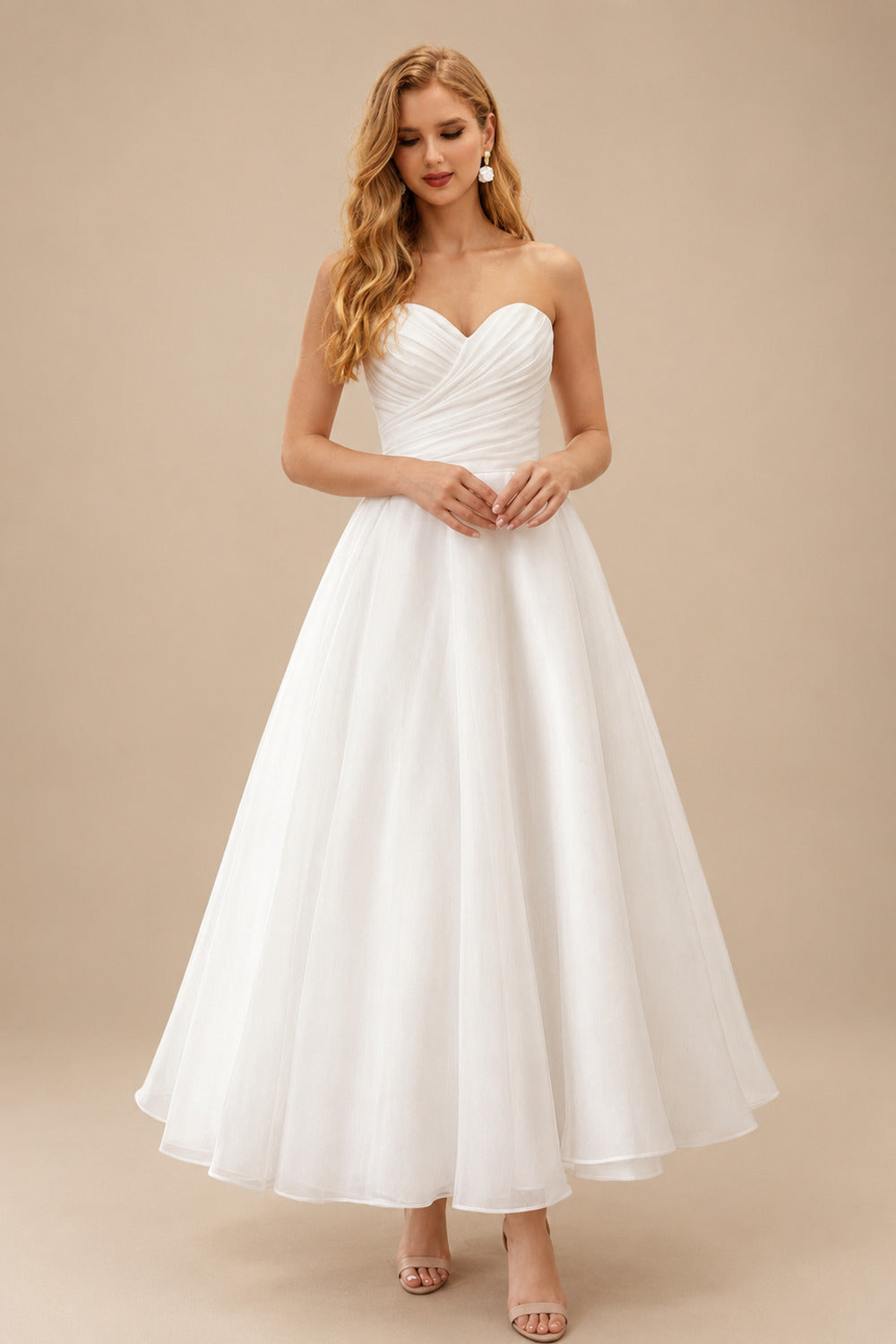 Rutipo Ivory Elegant Pleated Sweetheart Ball-Gown Ankle-Length Satin/Tulle Wedding Dresses