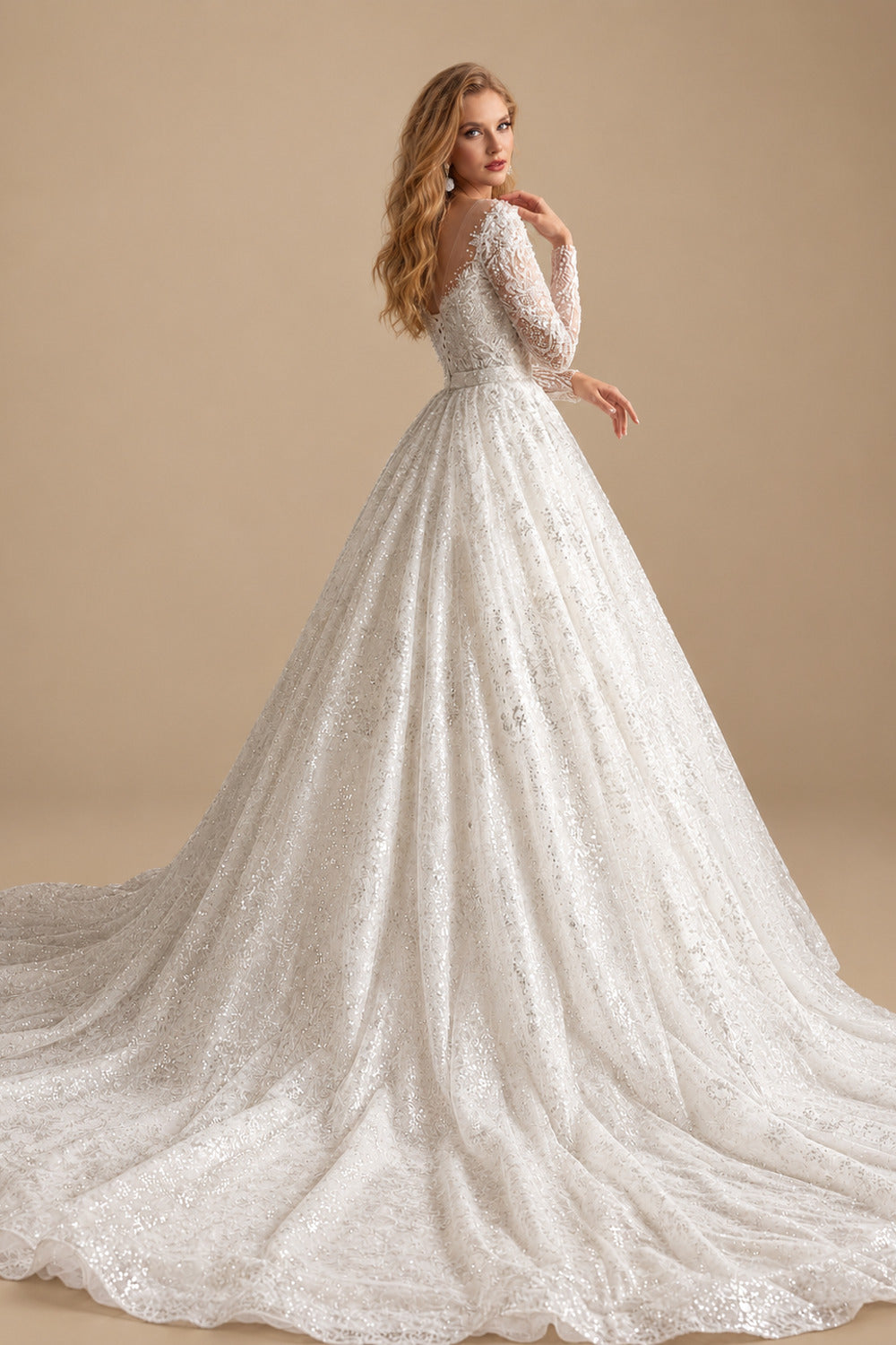 Rutipo As Picture Luxury Illusion Neck Long Sleeves Ball-Gown Detachable Satin/Tulle With Beading/Sequins