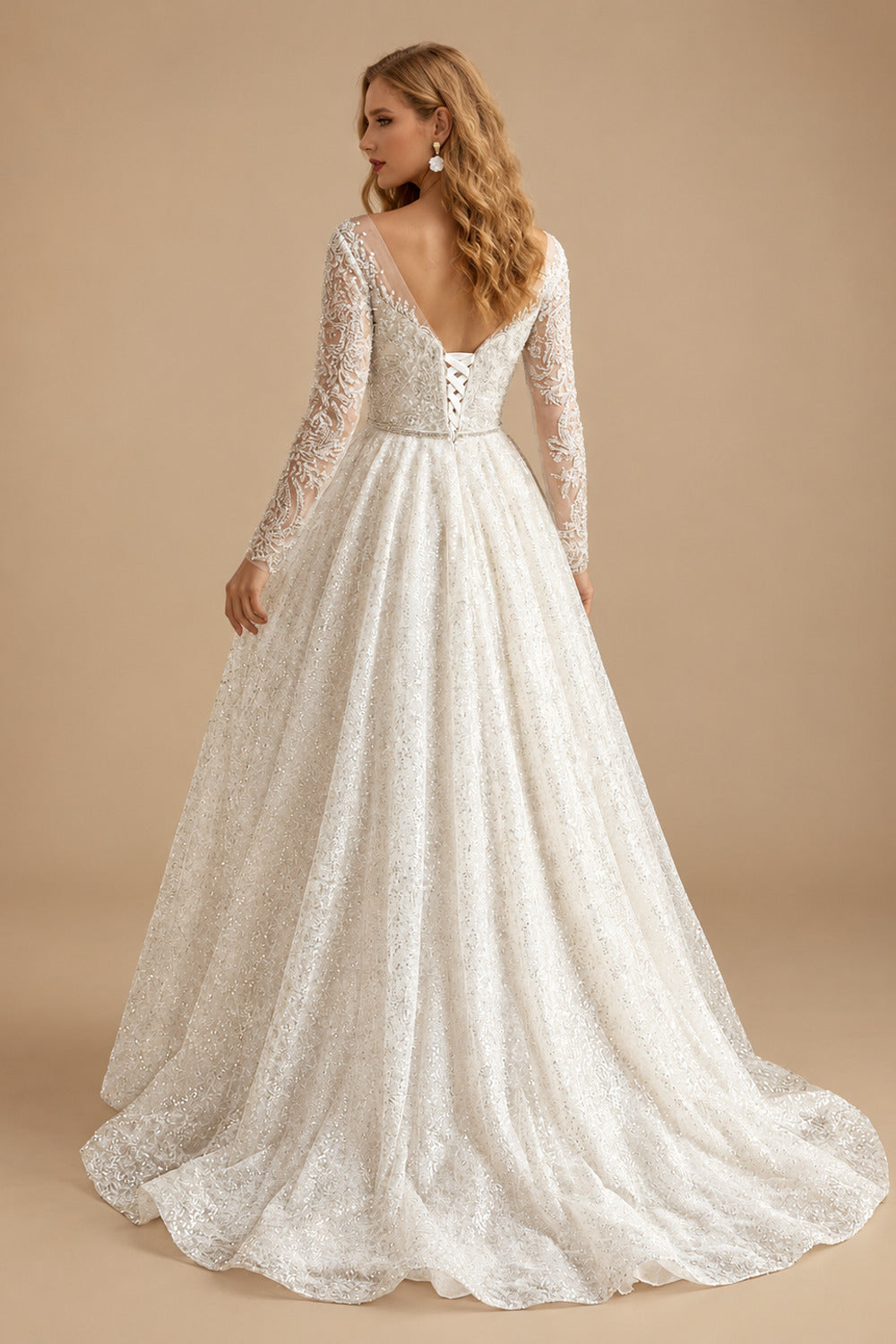 Rutipo As Picture Luxury Illusion Neck Long Sleeves Ball-Gown Detachable Satin/Tulle With Beading/Sequins