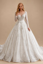 Rutipo As Picture Luxury Illusion Neck Long Sleeves Ball-Gown Detachable Satin/Tulle With Beading/Sequins