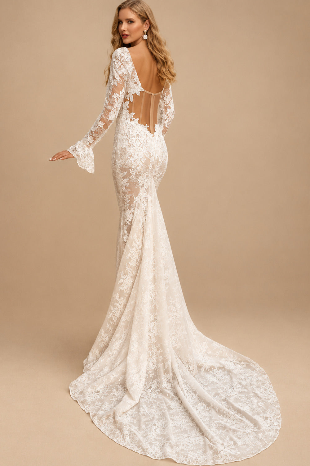 Rutipo As Picture Square Neckline Long Sleeves Mermaid Court Train Lace Wedding Dresses