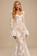 Rutipo As Picture Square Neckline Long Sleeves Mermaid Court Train Lace Wedding Dresses