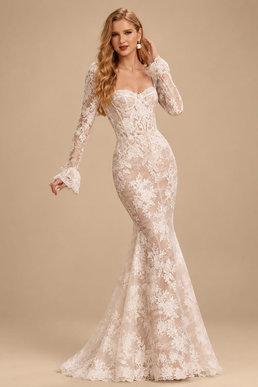Rutipo As Picture Square Neckline Long Sleeves Mermaid Court Train Lace Wedding Dresses