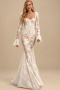 Rutipo As Picture Square Neckline Long Sleeves Mermaid Court Train Lace Wedding Dresses