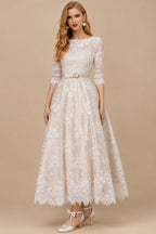Rutipo As Picture Vintage Inspired Elegant Lace Illusion Neck 3/4 Sleeves Ball-Gown Ankle-Length Wedding Dresses With Bow(s)