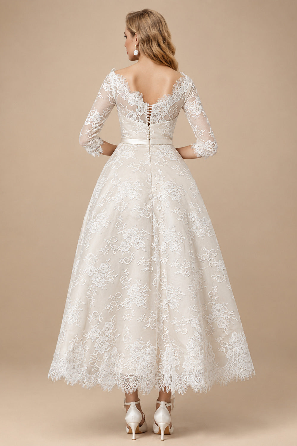 Rutipo As Picture Vintage Inspired Elegant Lace Illusion Neck 3/4 Sleeves Ball-Gown Ankle-Length Wedding Dresses With Bow(s)