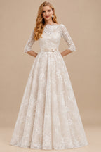 Rutipo As Picture Vintage Inspired Elegant Lace Illusion Neck 3/4 Sleeves Ball-Gown Ankle-Length Wedding Dresses With Bow(s)