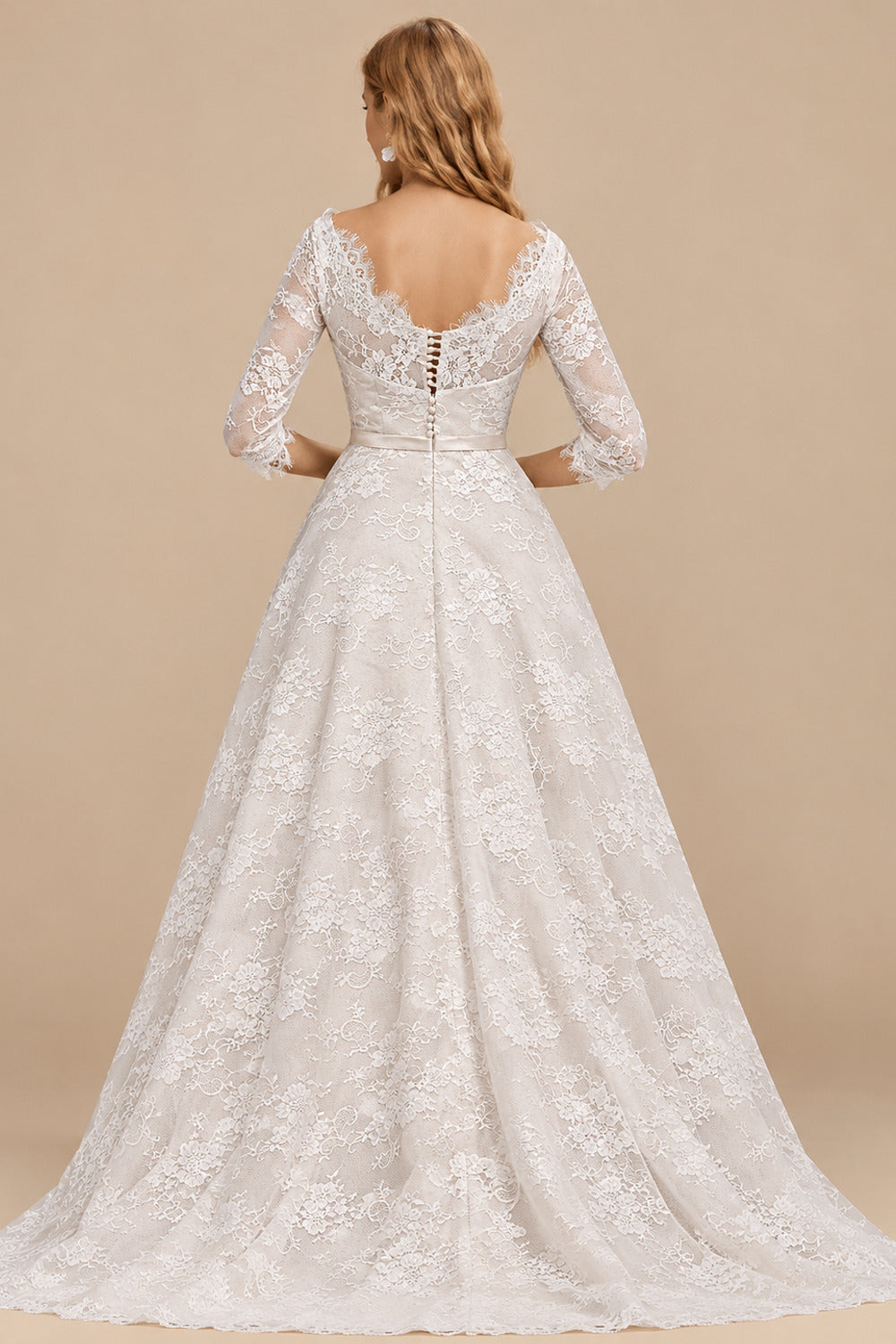 Rutipo As Picture Vintage Inspired Elegant Lace Illusion Neck 3/4 Sleeves Ball-Gown Ankle-Length Wedding Dresses With Bow(s)