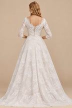 Rutipo As Picture Vintage Inspired Elegant Lace Illusion Neck 3/4 Sleeves Ball-Gown Ankle-Length Wedding Dresses With Bow(s)