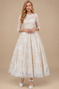 Rutipo As Picture Vintage Inspired Elegant Lace Illusion Neck 3/4 Sleeves Ball-Gown Ankle-Length Wedding Dresses With Bow(s)