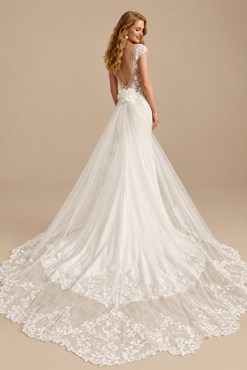 Rutipo Ivory Elegant Lace Illusion Neck Open Back Royal Chiffon/Tulle Wedding Dresses With Flower(s)
