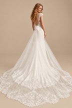 Rutipo Ivory Elegant Lace Illusion Neck Open Back Royal Chiffon/Tulle Wedding Dresses With Flower(s)