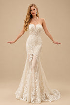 Rutipo Champagne Elegant Sweetheart Sleeveless Mermaid Sweep Train Lace/Tulle Wedding Dresses