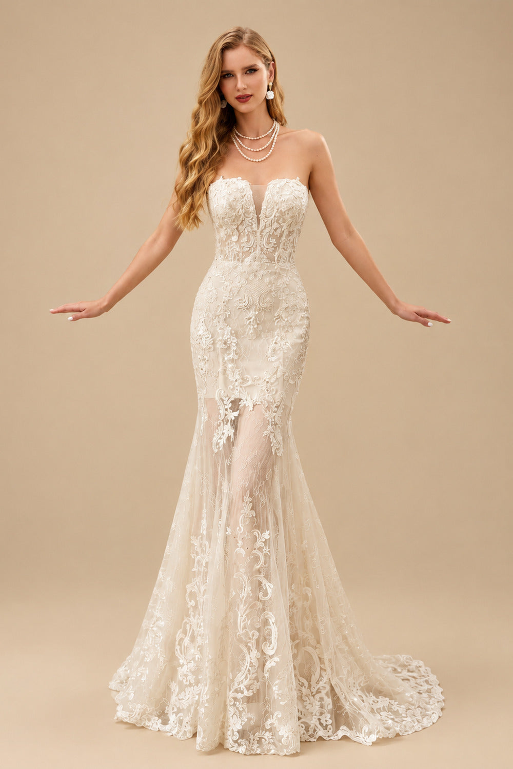 Rutipo Champagne Elegant Sweetheart Sleeveless Mermaid Sweep Train Lace/Tulle Wedding Dresses
