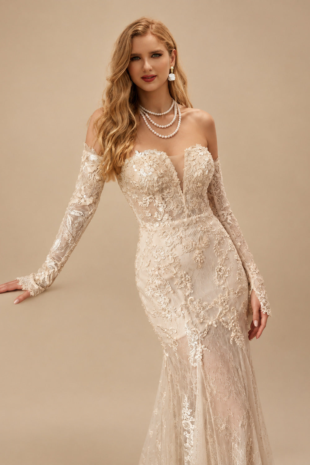Rutipo Champagne Elegant Sweetheart Sleeveless Mermaid Sweep Train Lace/Tulle Wedding Dresses