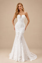 Rutipo White Elegant Sweetheart Sleeveless Mermaid Sweep Train Lace/Tulle Wedding Dresses