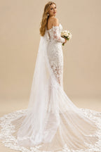 Rutipo Ivory Elegant Off-The-Shoulder Long Sleeves Royal Length Mermaid Lace/Tulle Wedding Dresses With Sequins