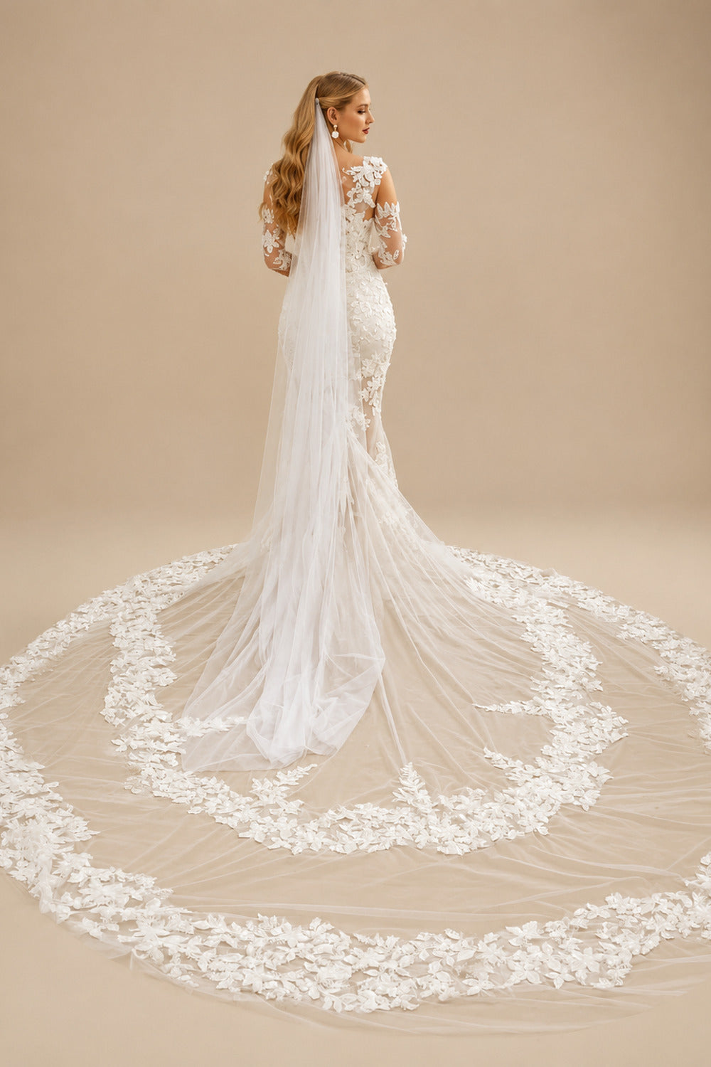 Rutipo Ivory Elegant Off-The-Shoulder Long Sleeves Royal Length Mermaid Lace/Tulle Wedding Dresses With Sequins