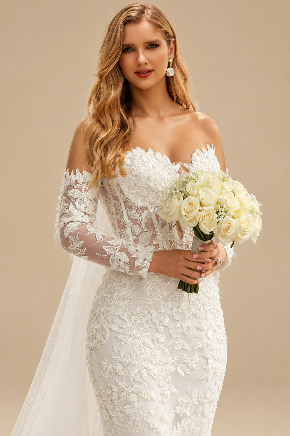 Rutipo Ivory Elegant Off-The-Shoulder Long Sleeves Royal Length Mermaid Lace/Tulle Wedding Dresses With Sequins