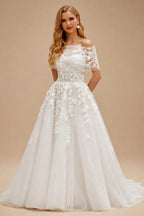 Rutipo White Elegant Sleeveless Detachable Neckline A-Line Sweep Train Lace/Tulle Wedding Dresses