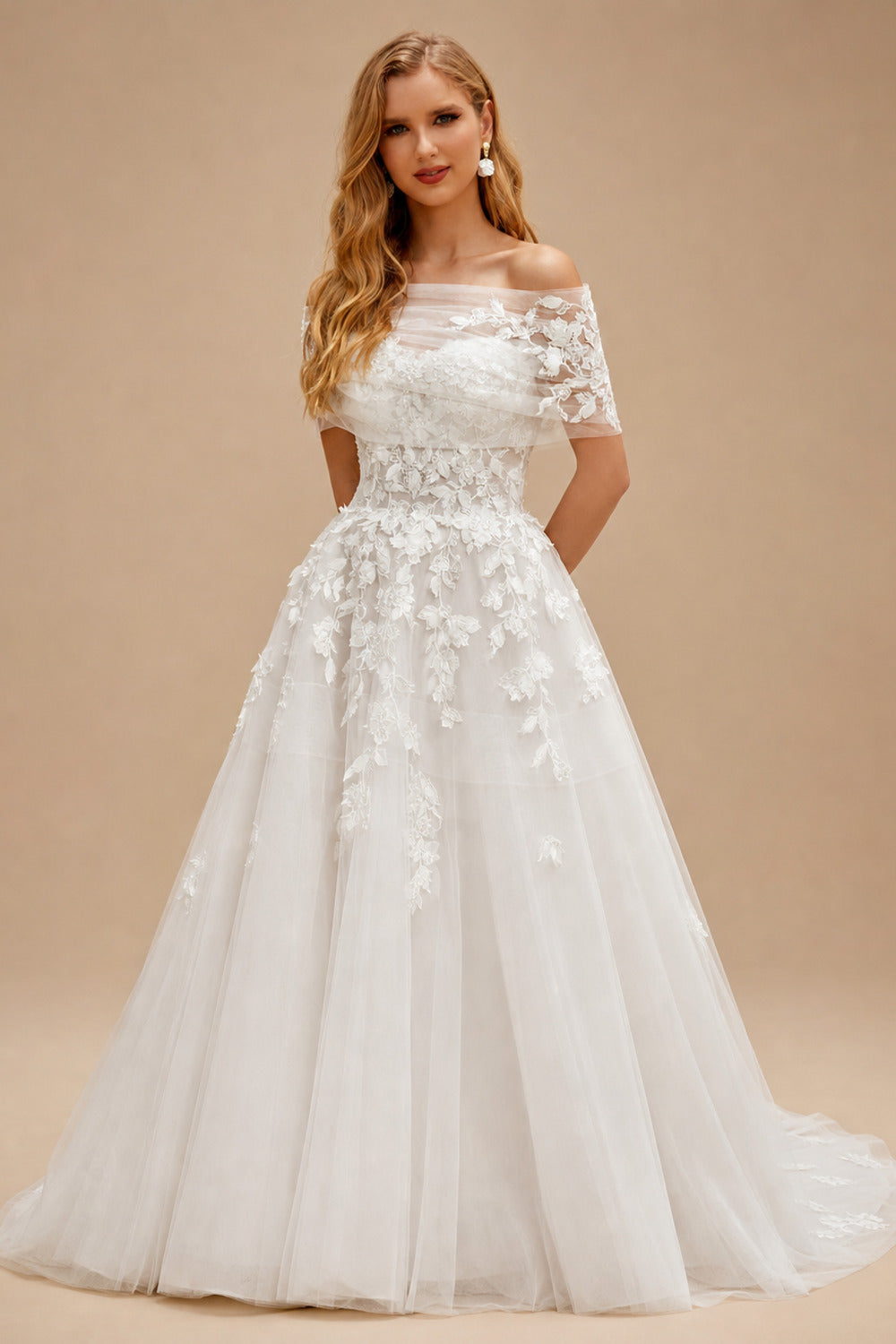 Rutipo White Elegant Sleeveless Detachable Neckline A-Line Sweep Train Lace/Tulle Wedding Dresses
