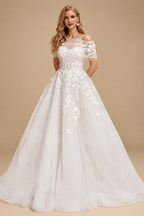 Rutipo White Elegant Sleeveless Detachable Neckline A-Line Sweep Train Lace/Tulle Wedding Dresses