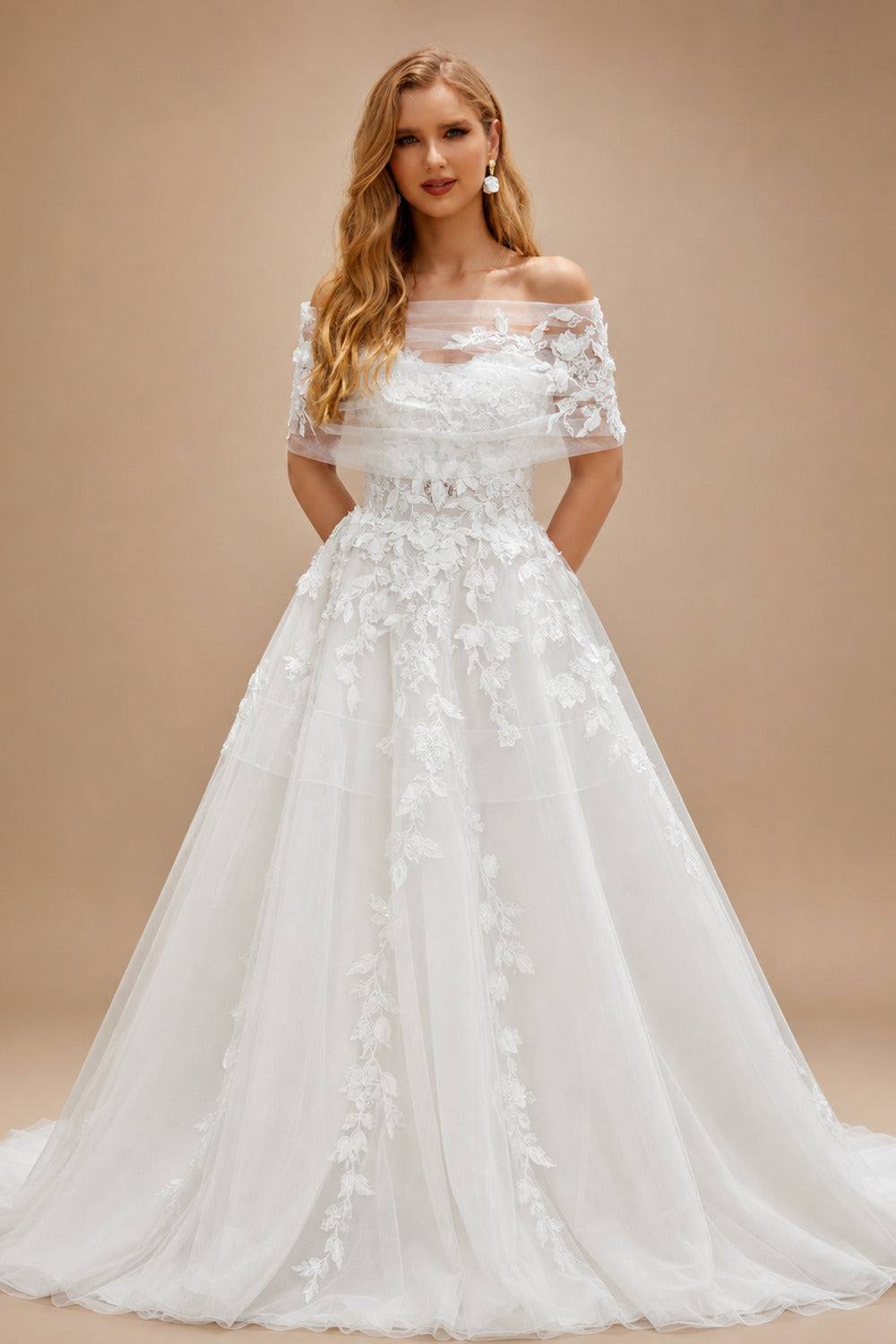 Rutipo White Elegant Sleeveless Detachable Neckline A-Line Sweep Train Lace/Tulle Wedding Dresses
