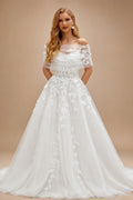Rutipo White Elegant Sleeveless Detachable Neckline A-Line Sweep Train Lace/Tulle Wedding Dresses