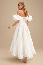 Rutipo Ivory Elegant Ruffle Off-The-Shoulder Sleeveless A-Line Ankle-Length Tulle Wedding Dresses